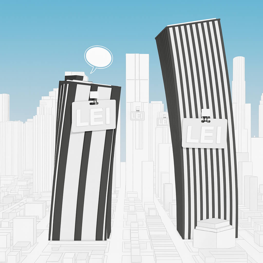 带有 LEI 徽章的商业建筑插图，象征着法人机构识别编码在商业领域的使用
